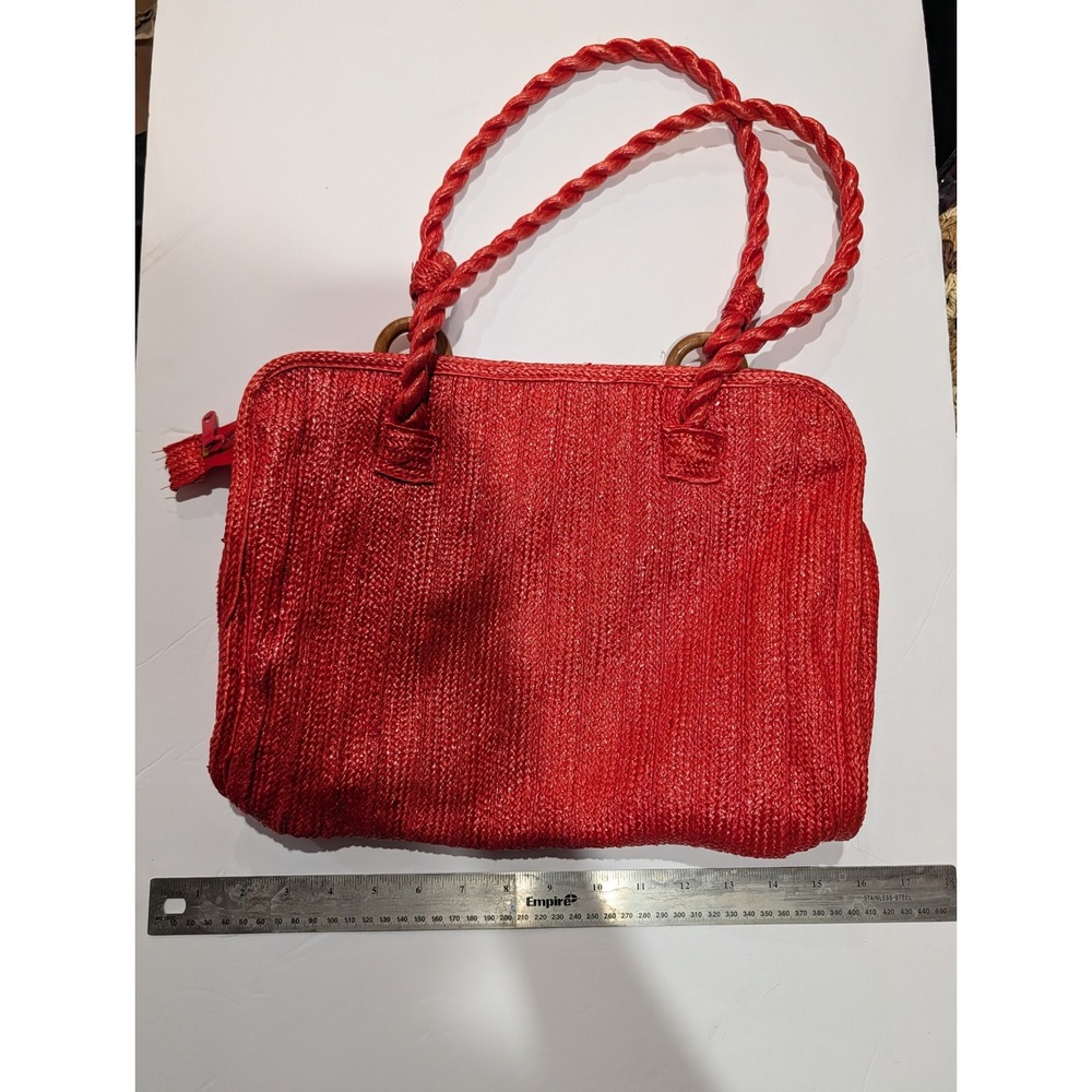 Bob & Alice Red Woven Straw Tote Bag Braided Handles Wooden Rings - Boho Summer - Picture 5 of 5